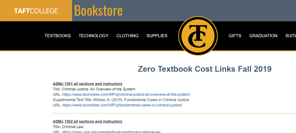 Taft College Bookstore Website