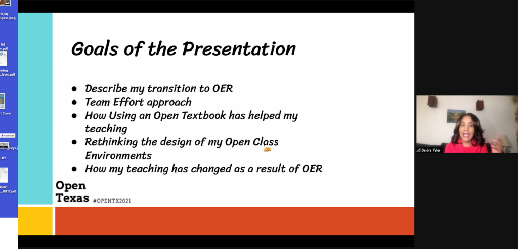 Screenshot from talk where Dr. Deidre Tyler, Professor of Sociology at Salt Lake Community College, shared her journey with OER