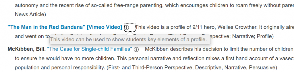 Screenshot of the Composition Reading Bank showing an example of a description and pop-up teacher note.