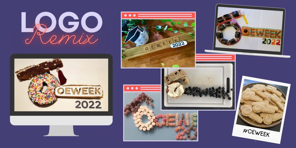 Collection of images of the OEWeek 2022 logo remixed using different materials, mostly food, including one of custom CAD cookies, and a non-edible remix using Scrabble tiles