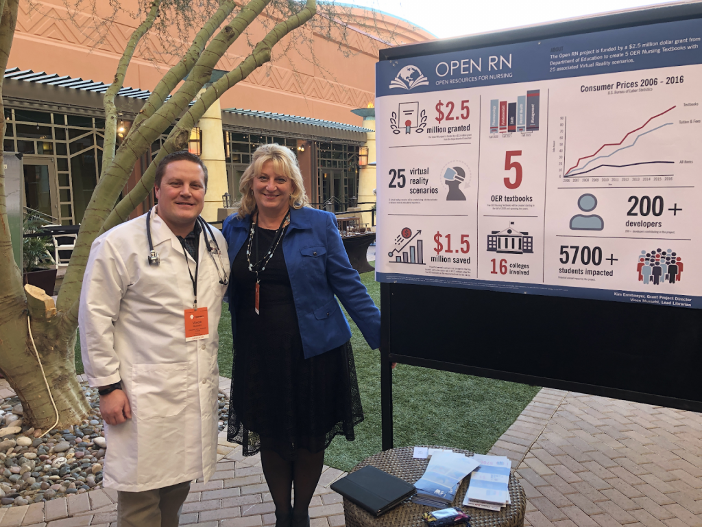 Photo of Vince Mussehl & Kim Ernstmeyer, Chippewa Valley Technical College & Open RN,
presenting at the National Open Education Conference’s poster session, Phoenix 2019.