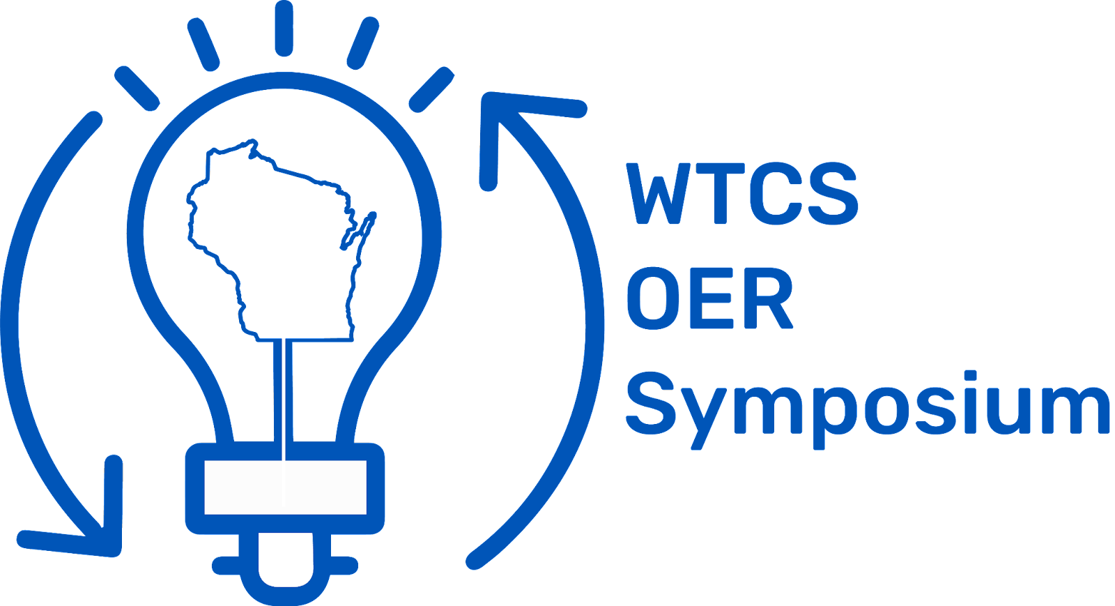 WTCS OER Symposium logo - outline of the state of Wisconsin inside of a lightbulb inside of a circle of 2 arrows, one going up and one going down.