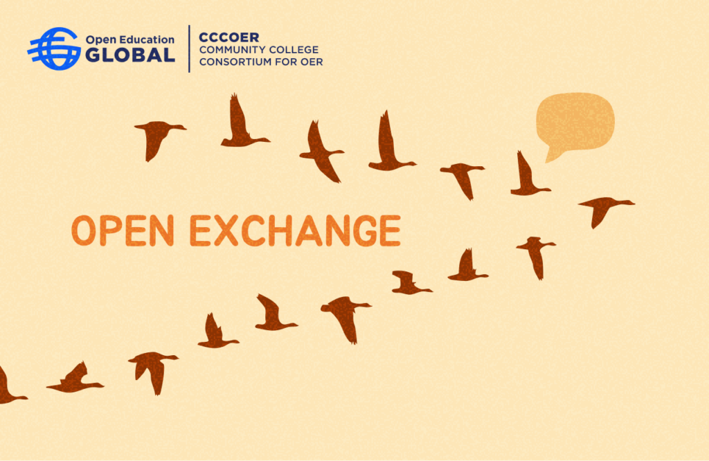 A group of birds in formation with the text "OPEN EXCHANGE" and logos for Open Education Global and CCCOER.