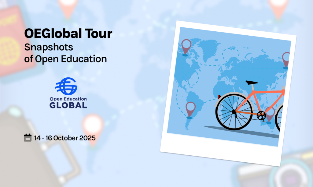 An illustration of a world map with travel route lines and an orange bicycle overlaid, alongside information about the OEGlobal Tour on Open Education, dated 14-16 October 2025.