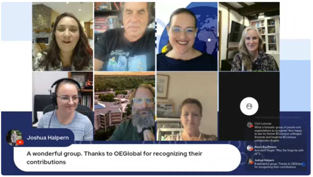 Screenshot taken during 2025 OEAwards livestream announcing winners. Video call with seven people and one default user icon, various backgrounds, and text comments displayed.